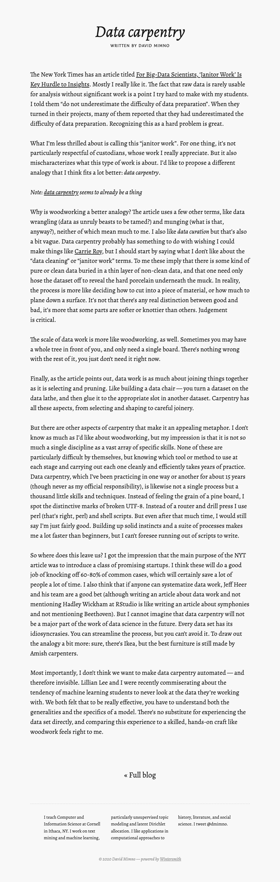 A screenshot of 'Data Carpentry' by David Mimno.