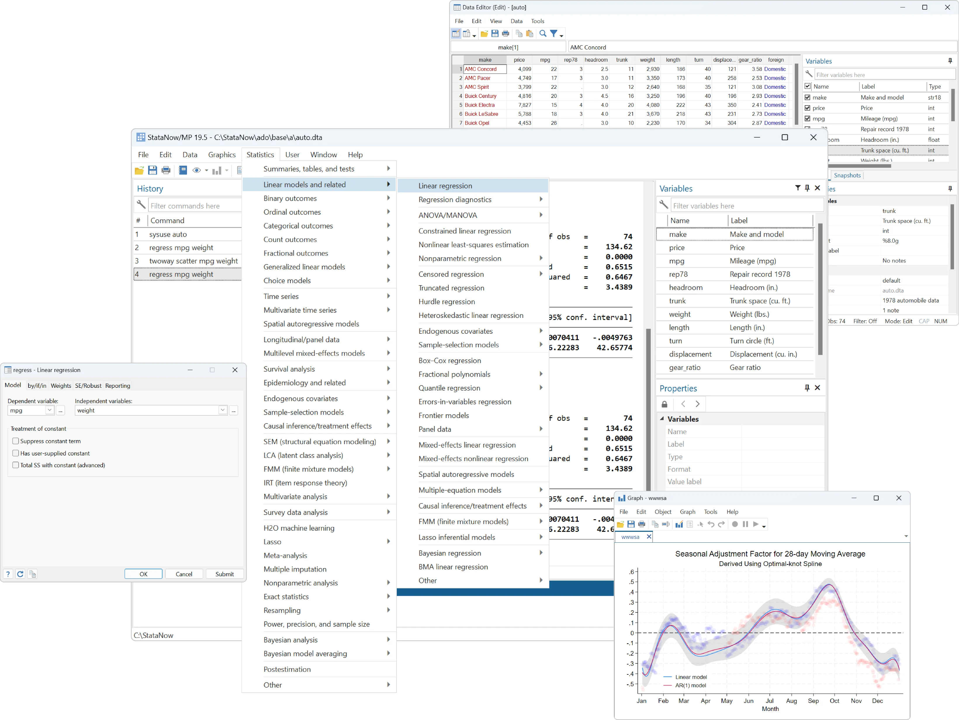 A Stata IDE window with data about vehicles