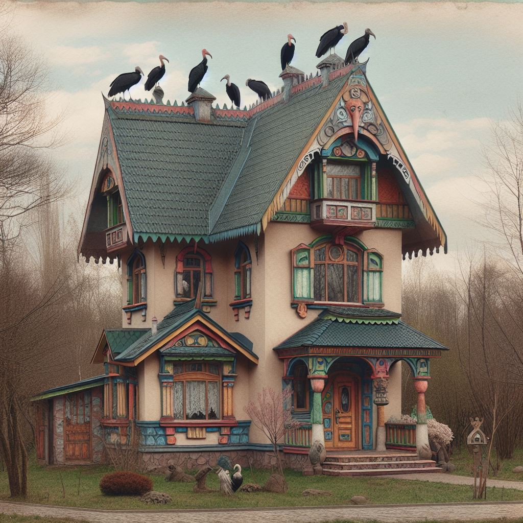 An AI generated image of a whimsical house with a front porch and vultures on the roof, not too spring-like